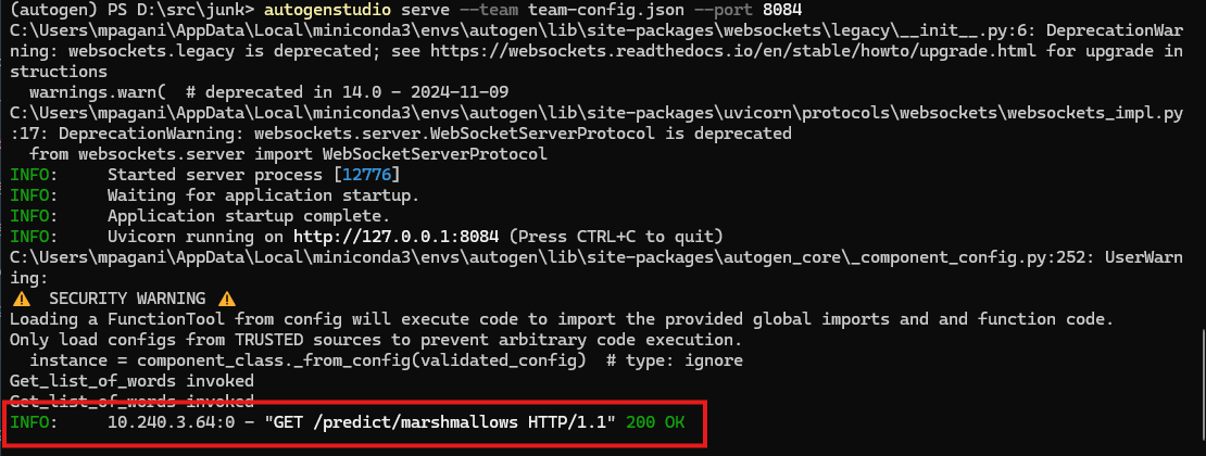 The logs in the terminal