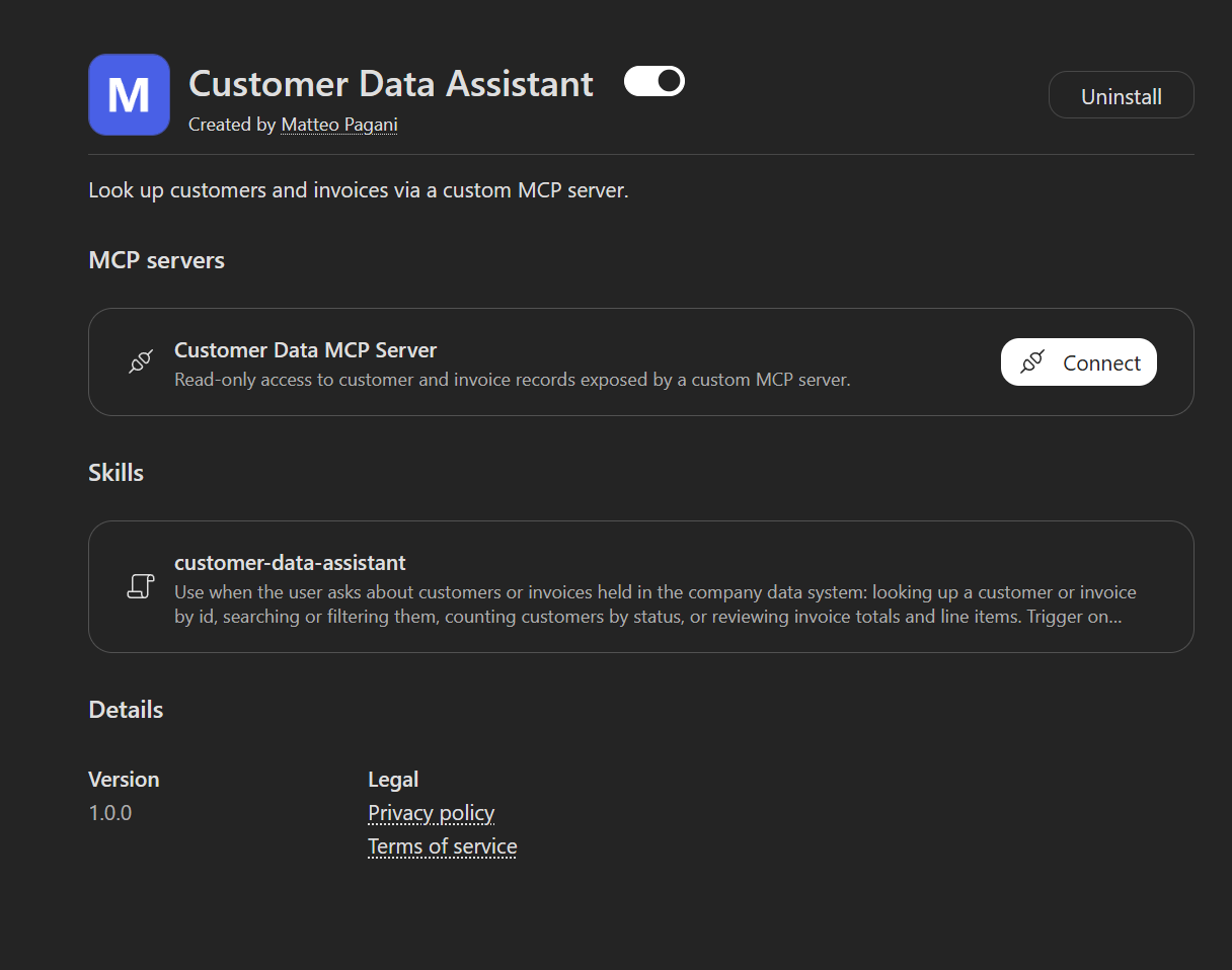 The Customer Data Assistant plugin installed in Cowork, showing its MCP connector and skill