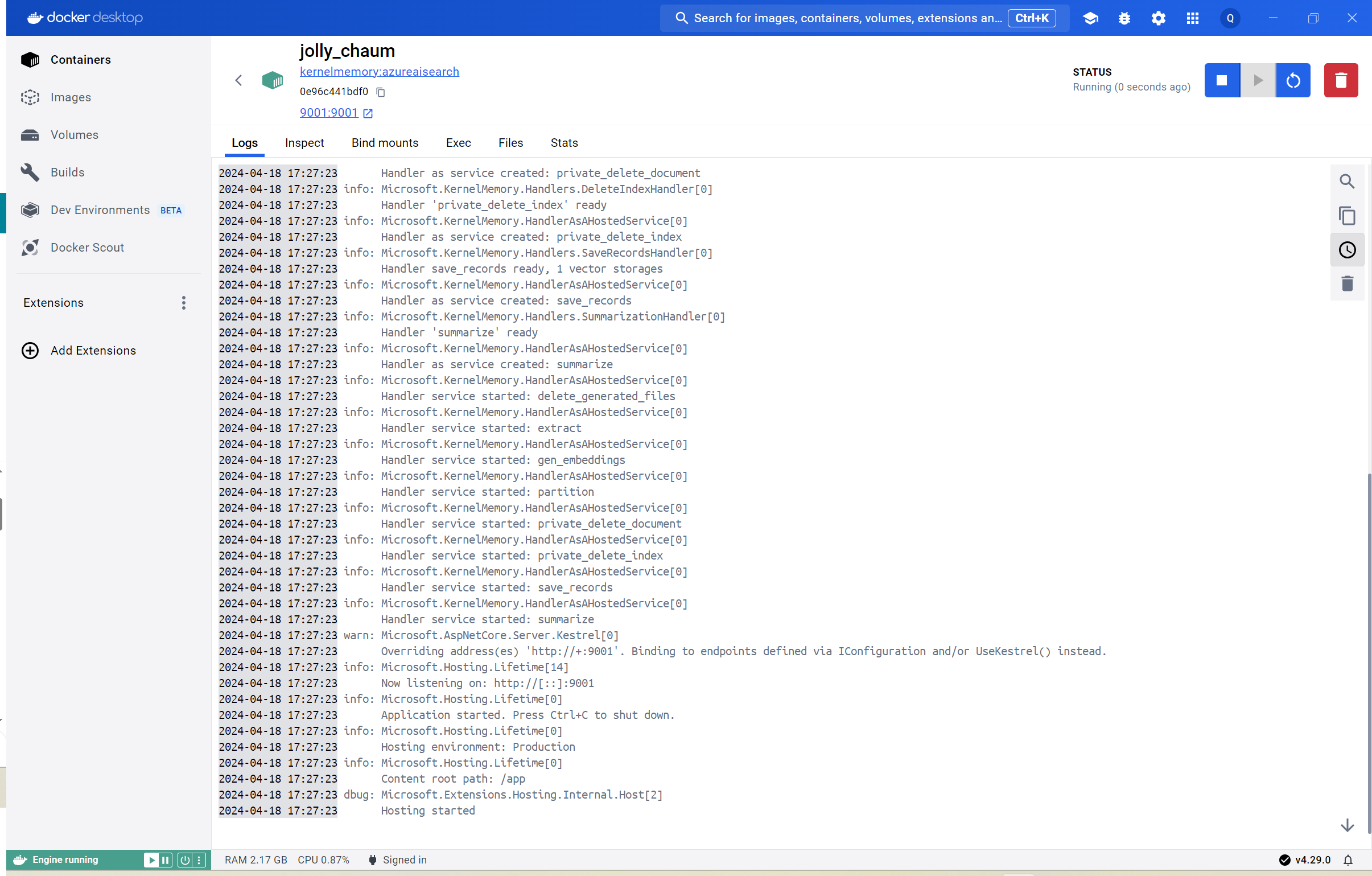 Docker Desktop running the Kernel Memory service