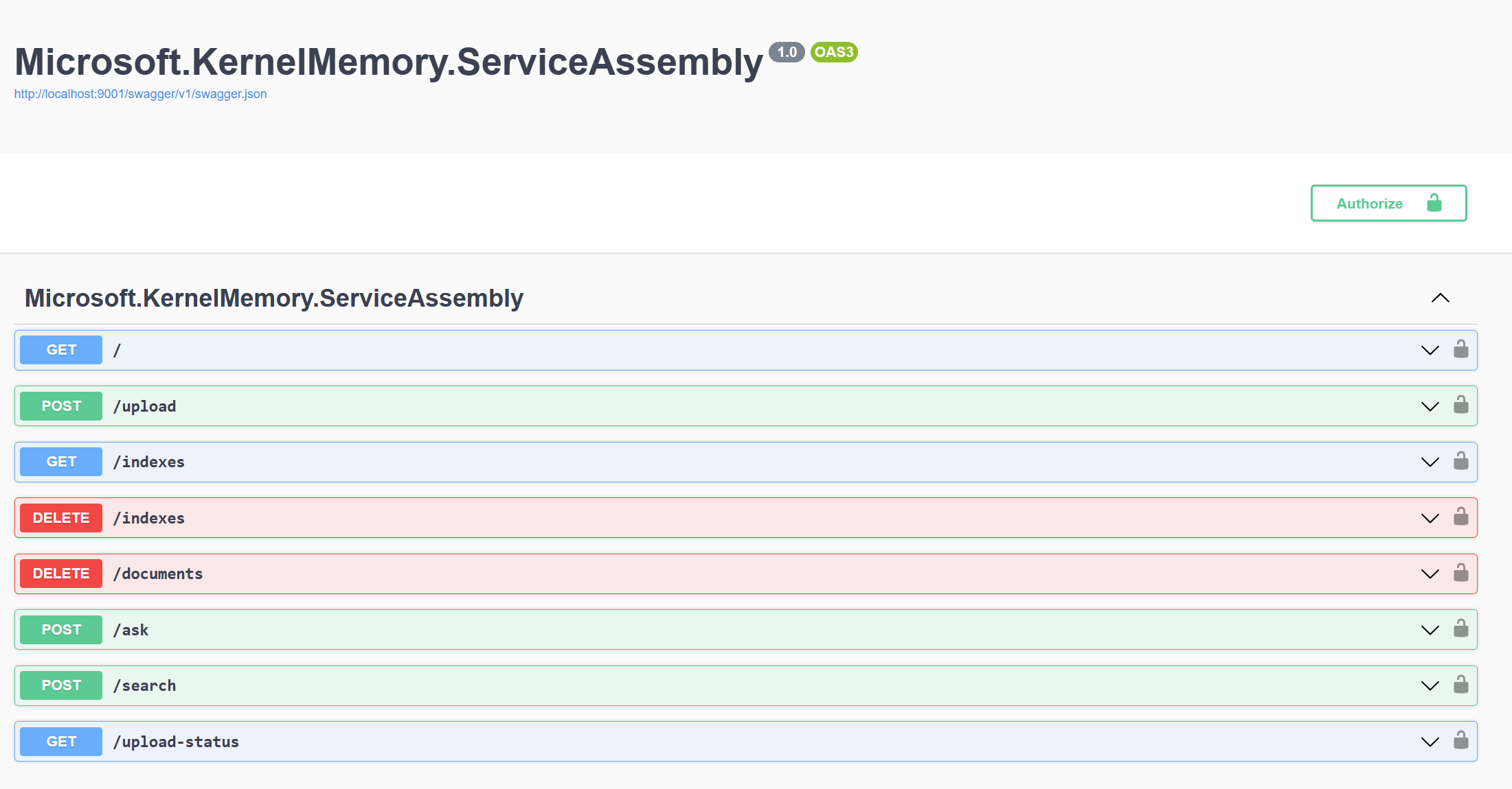 The Swagger documentation for Kernel Memory