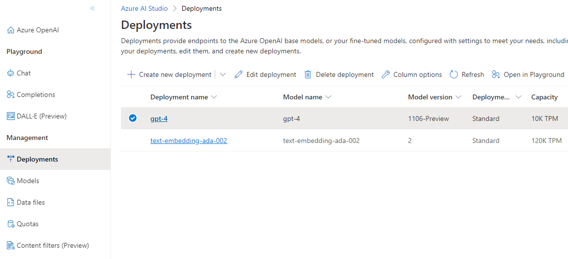 An Azure OpenAI instance with multiple models deployed