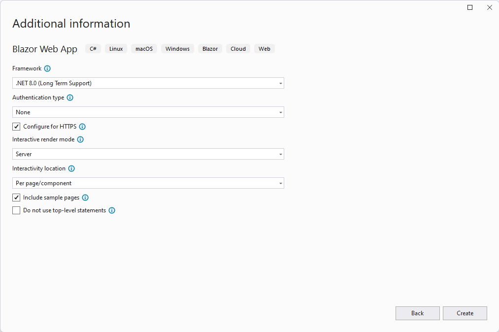 The wizard to create a new Blazor Web app