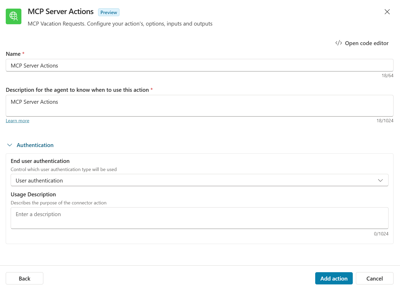 The configuration of the action for the MCP server