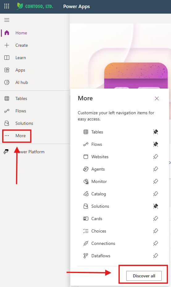 Click on More in the Power Apps portal