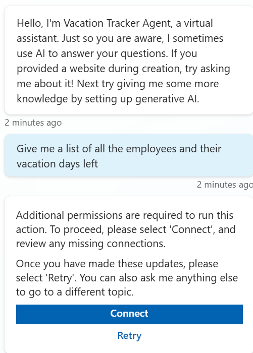 Copilot Studio asks for permission to use the custom connector