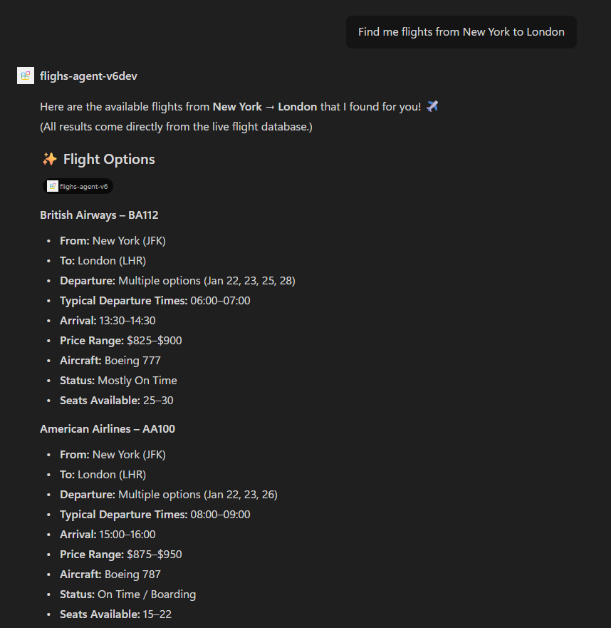 The agent returning flight results