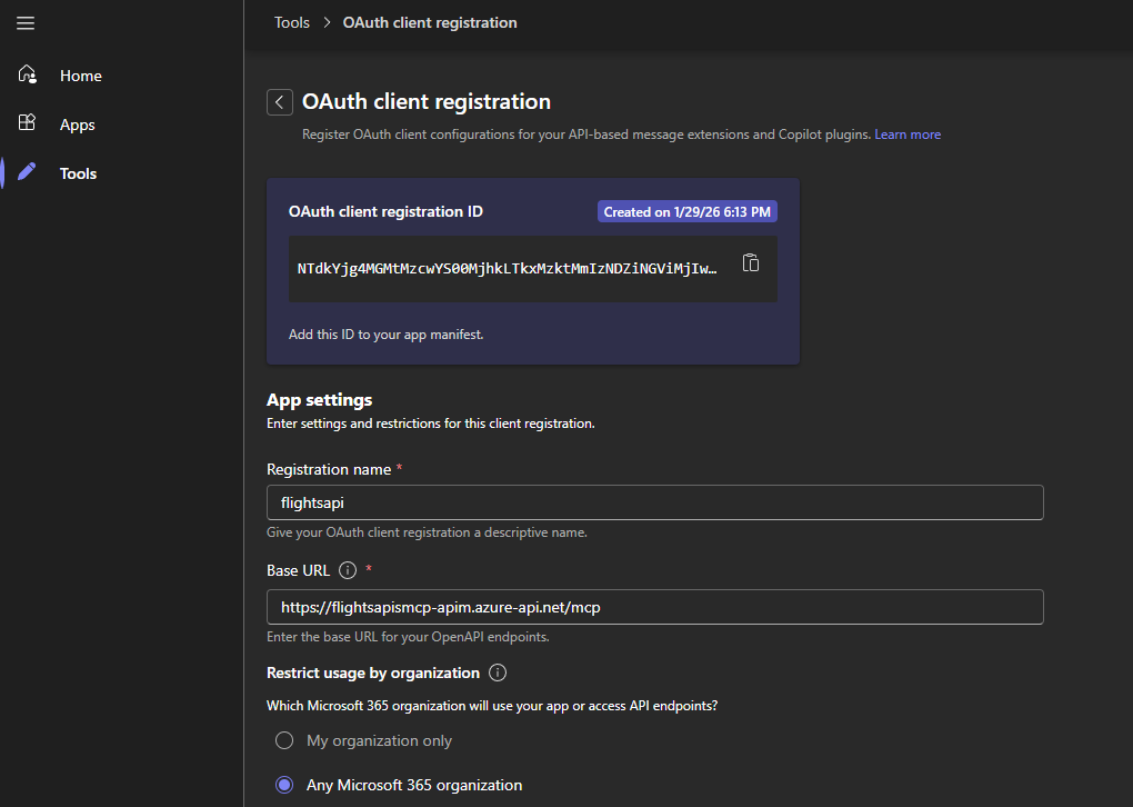 The OAuth app registration in the Teams Developer Portal