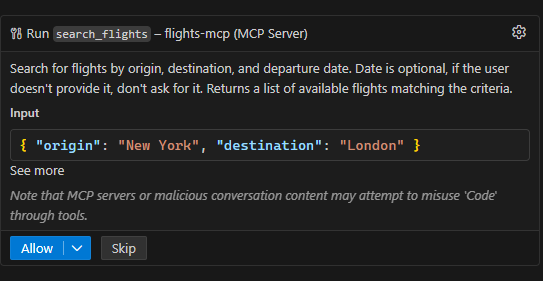 GitHub Copilot asks permissions to use the Flights MCP server