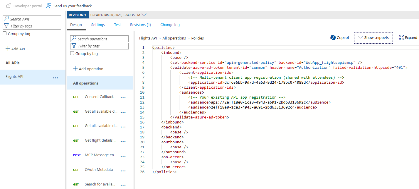 The updated inbound policy in APIM