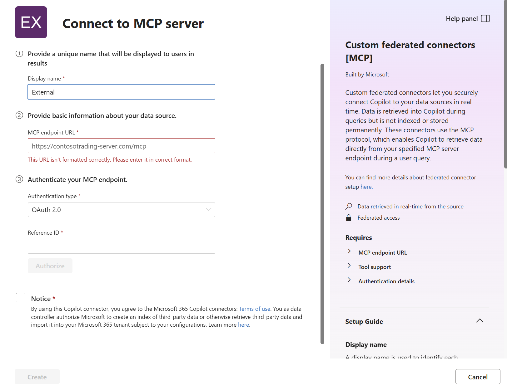 The “Connect to MCP server” wizard in the Microsoft 365 admin center, with the authentication type set to OAuth 2.0