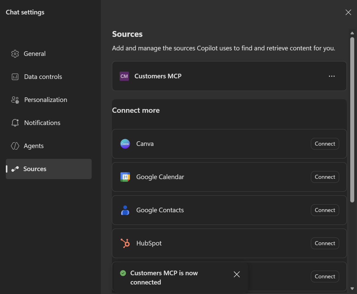 The Customers MCP connector connected in Copilot Chat