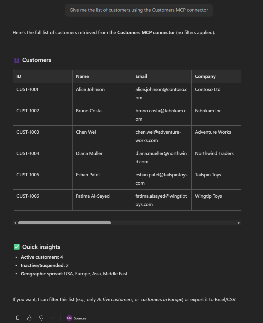 The Copilot Chat response which uses data pulled from the Federated Connector