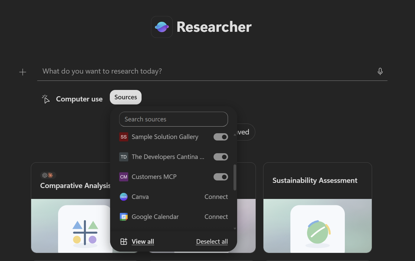 The Customers MCP connector available as a source in Researcher