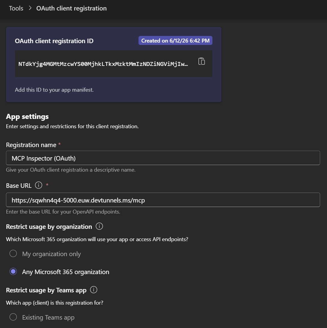 The OAuth client registration in the Teams Developer Portal and its generated Reference ID