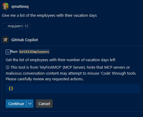 GitHub Copilot calling one of the available tools