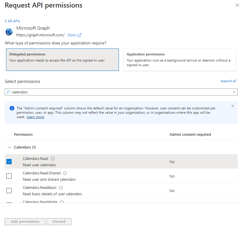 API permissions for the Microsoft Graph