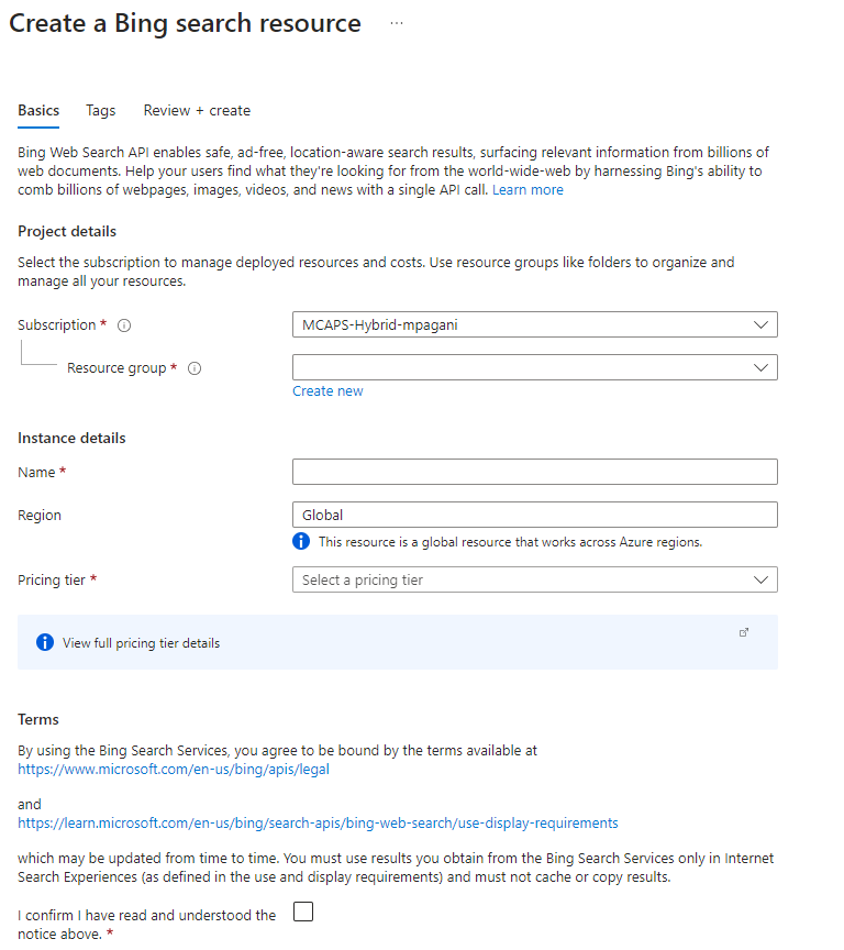 Creating a new Bing Search service
