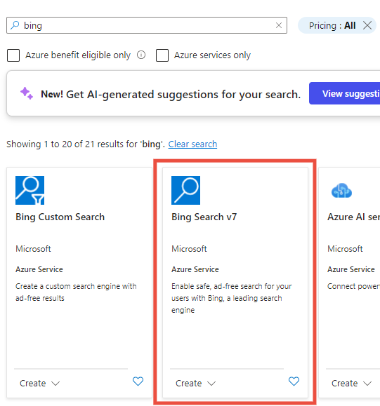 The Bing Search service in the Azure portal