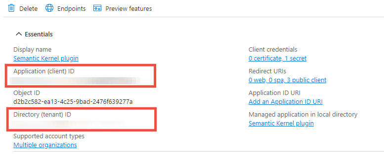 The tenant and client id of the app registration