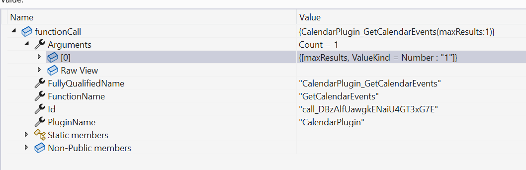 The function calling execution with the Microsoft Graph plugin