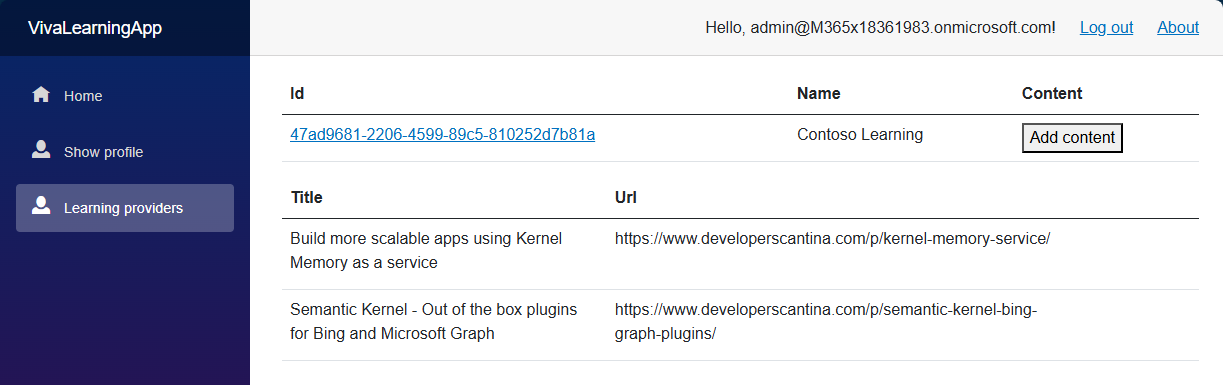 The list of content added to the custom provider