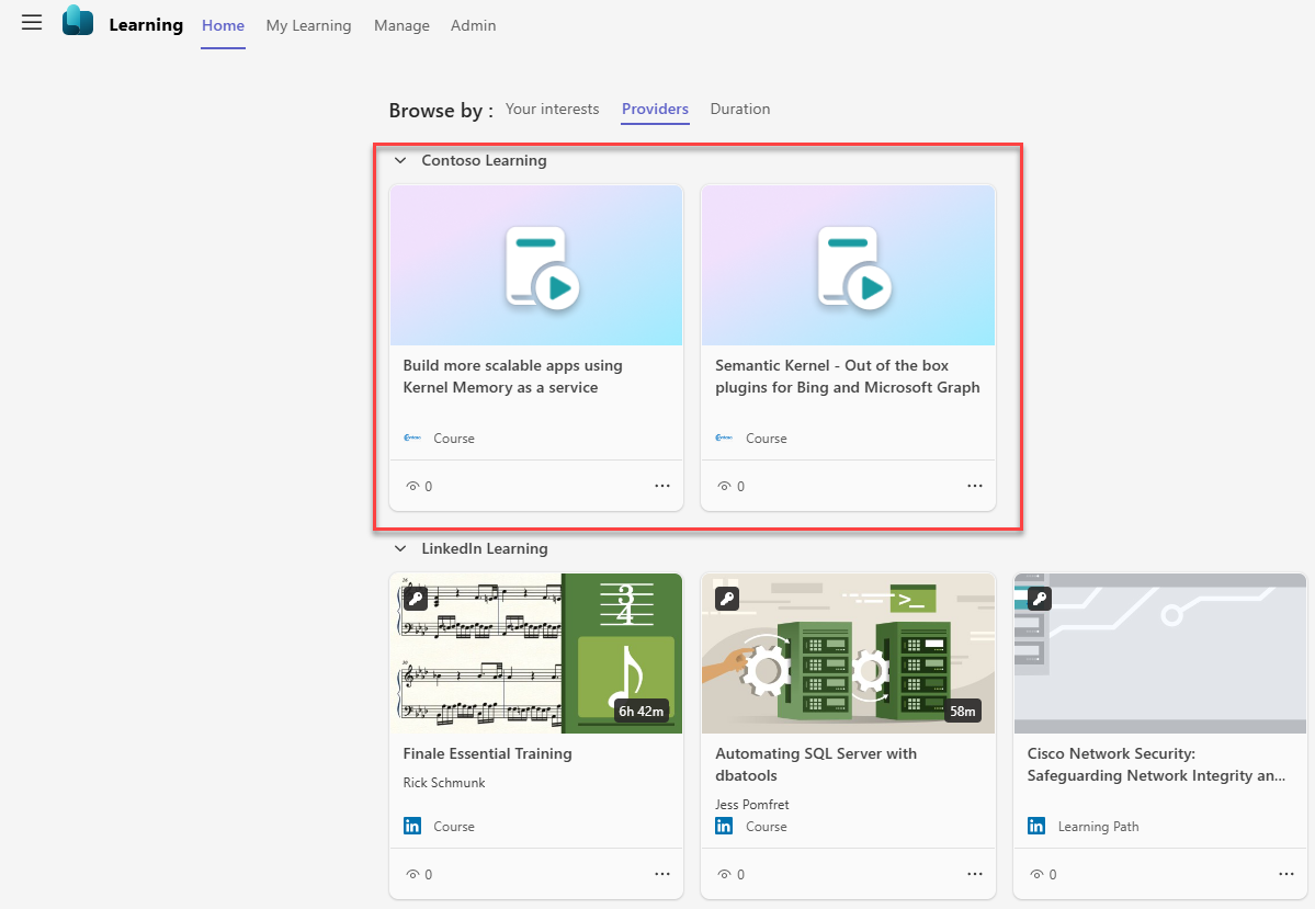 The content in the custom provider in the Viva Learning portal