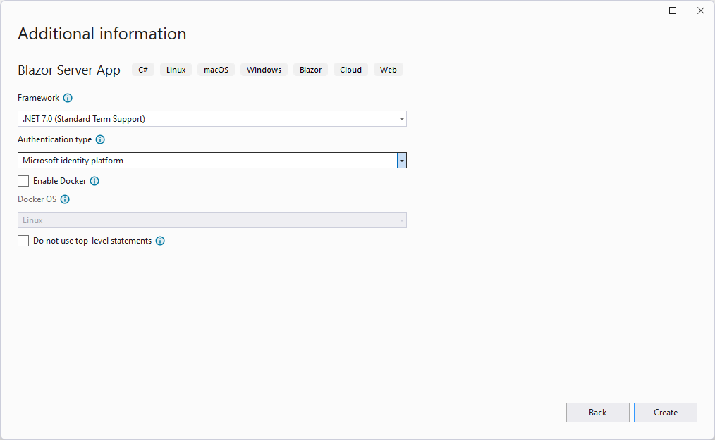 The wizard to create a new Blazor Server app