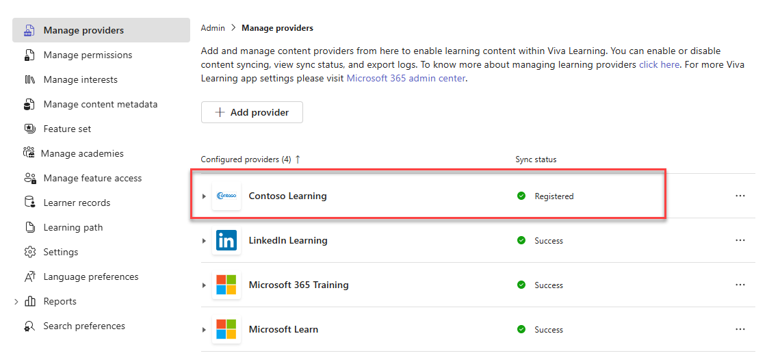 The list of providers in the Viva Learning admin portal